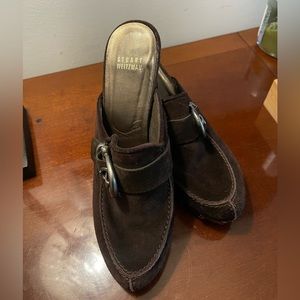 Stuart Weitzman Brown Leather Suede Vintage Chunky Clog Studded Heels Size 8 1/2